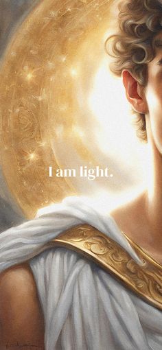 a painting of a woman wearing a white dress and gold trim around her neck, with the words i am light above her head