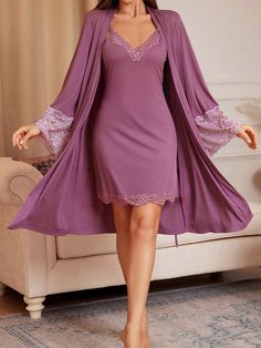 Standard Size Women Solid Color Lace Stitching Long Sleeve Coat And Sleeveless Camisole Dress Pajama Set Purple Elegant  Long Sleeve,Sleeveless Knitted Fabric Plain Robe Sets Medium Stretch All Women Sleep & Lounge, size features are:Bust: ,Length: ,Sleeve Length: Royalty Sleepwear, Dress Pyjamas, Night Sleep Dress, Women Nightwear Dresses, Purple Pajamas, Nightwear Dress, Sleepwear Women Pajamas, Peignoir Sets, Gowns Dresses Elegant