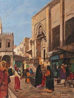 an oil painting of people walking down the street in front of some buildings and shops