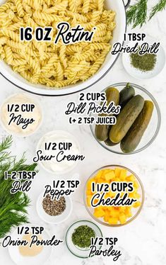 the ingredients to make this pasta recipe are shown in bowls and labeled with their names