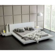 King Modern Platform Bed with Headboard and 2 Nightstand in Ash White Image 1 Low Height Bed Design, Low Height Bed, Modern Bunk, Modern White Bedroom, Japanese Bed, Modern Bunk Beds, Floating Bed Frame, Diy Platform Bed, Modern Platform Bed