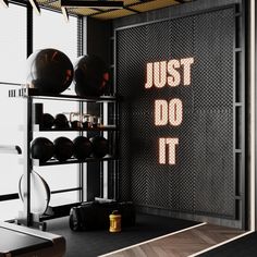 a room with a sign that says just do it and some balls on the floor