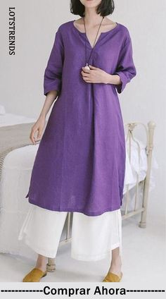 Lindo Lino Púrpura Vestidos De Verano Mujer Ropa Suelta Purple Long Sleeve Spring Tunic, Purple Long Sleeve Tunic For Spring, Solid Color Half Sleeve Dress For Beach, Purple 3/4 Sleeve Spring Dress, Purple Summer Dress, Loose Clothes, Loose Outfit, Dresses Women, Summer Dresses For Women