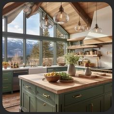 a large kitchen with green cabinets and wooden ceilinging is pictured in this image, there are several hanging lights above the island