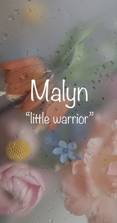 the words mary little warrior are written in white and pink flowers on a window sill