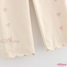 Qteee - Chic Love Heart Print Straight Leg Pants with Elegant Ruffle Detail Trendy Heart Print Bottoms For Spring, Cute Wide Leg Spring Bottoms, Casual Cotton Bottoms With Heart Print, Pink Heart Print Bottoms For Spring, Cotton Bottoms With Heart Print, Cute Stretch Pants For Spring, Cute Summer Loungewear Pants, Cute Summer Bottoms With Heart Print, Casual Heart Print Bottoms For Valentine's Day