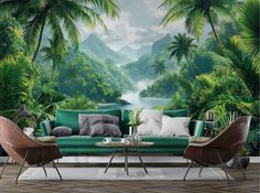 a living room filled with green furniture and tropical wallpapers, along with palm trees