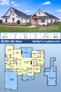 two story house plan with 3 car garage and living room in the middle, large front yard