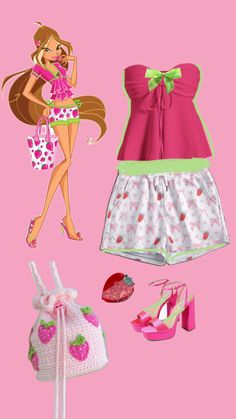 barbie doll clothes and accessories are displayed on a pink background