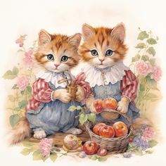 two kittens sitting next to each other with apples