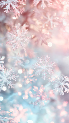 the snowflakes are shining brightly in the light blue and pink background with blurry boke