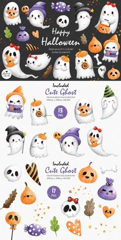 halloween stickers with different types of pumpkins and ghost faces on them, all in white