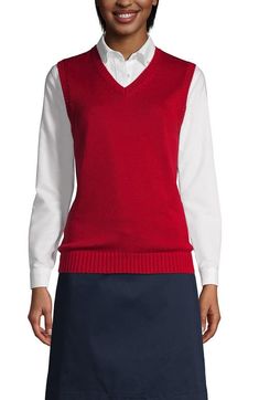 Find Lands' End School Uniform Cotton Modal Sweater Vest on Editorialist. Made the old-school way, this sweater vest is fully fashioned piece by piece to fit comfortably over blouses and shirts. It also provides state-of-the-art performance and longevity. Innovative cotton modal yarns ensure our smoothest sweater fabric resists pilling, retains shape and stays bright even after many a trip through the wash. Easy-care blend resists pilling, fading and shrinking V-neck style Neat rib trim helps it stay in shape 60% cotton/40% modal. Machine wash. Imported Receive Preferred School contribution with purchase Stay In Shape, Lands End, Sweater Vest, Top Brands, Old School, V Neck, Luxury Fashion, Red, Fabric