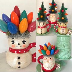 there are three ceramic snowmen with christmas decorations on their heads