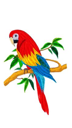 a colorful parrot sitting on top of a tree branch with leaves around it's neck