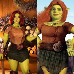 two pictures of the same woman in different outfits, one with red hair and green skin