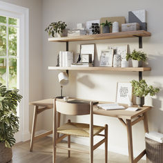 a home office with shelves and plants on the desk