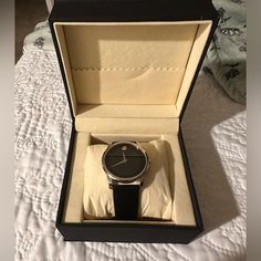 Fairly Used, Leather Band Watch With A Brand New Battery. Modern Black Diamond Watch, Modern Black Round Diamond Watch, Leather Watch With Metal Dial As Gift, Leather Watches With Metal Dial As Gift, Classic Black Automatic Diamond Watch, Black Diamond Watch Round Shape For Gift, Black Round Diamond Watch For Gift, Black Round Diamond Watch Gift, Formal Black Diamond Watch With Round Dial