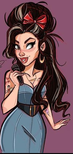 a drawing of a woman with long hair wearing a blue dress and holding a microphone