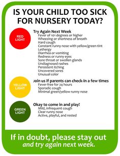 a green and white sign that says is your child too sick for nursery today?