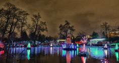 christmas lights are lit up on trees and boats in the water