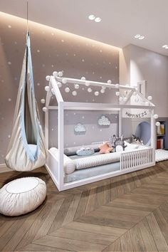 a child's bedroom with a white bed and pink accents on the walls is featured in an article about montessor pro