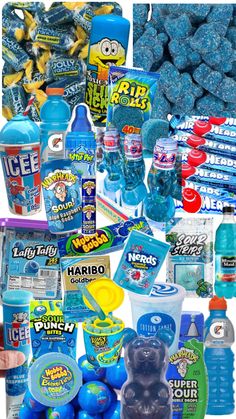 a collage of blue and yellow candies, gummy bears, water bottles, ice cream, candy