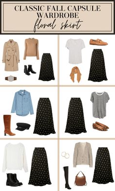 Skirt Wardrobe Capsule, Capsule Wardrobe With Skirts, Fall Classic Capsule Wardrobe, Floral Skirt Fall Outfit, Hijab Capsule Wardrobe, Skirt Capsule Wardrobe, Skirt Fall Outfits, Fall Skirt Outfits, French Wardrobe