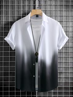 Men Ombre Button Up Shirt Without Tee Black and White Casual  Short Sleeve Fabric Ombre Shirt Non-Stretch Summer Men Clothing, size features are:Bust: ,Length: ,Sleeve Length: Ombre Shirt, Beach Place, Mens Casual Dress Outfits, Men Stylish Dress, Guys Clothing Styles, Shirts Short Sleeve, Gradient Design, Top Streetwear, Mens Casual Dress