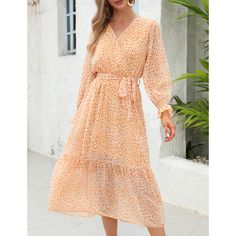 Yellow Floral Print V Neck Long Sleeve Swing Dress Winter Vacation Dresses With V-neck, Winter Vacation V-neck Dresses, Orange Long Sleeve Midi Dress For Spring, Orange Long Sleeve Maxi Dress For Day Out, Orange Long Sleeve Midi Dress For Brunch, Dresses Floral, Floral Dresses, Women Dresses, Yellow Floral