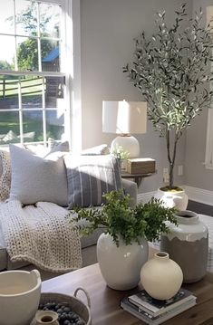 a living room filled with furniture and a tree in the middle of the room on top of a coffee table