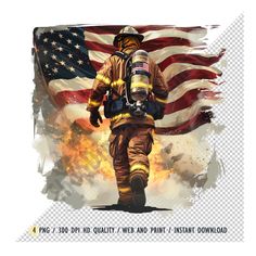 a firefighter walking in front of an american flag