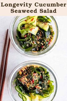 two glass bowls filled with food and chopsticks next to each other on a white surface