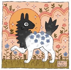 a black and white dog with blue flowers on it's chest is standing in front of an orange background