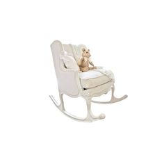 a white rocking chair with a teddy bear sitting on it's back and arms