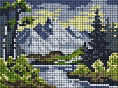 an image of a landscape made out of pixellated images with trees and mountains in the background