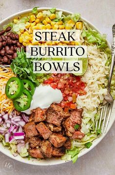 steak burrito bowls with text overlay that says steak burrito bowls