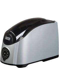 a silver and black toaster on a white background