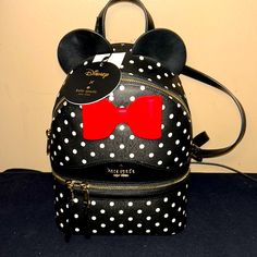 Nwt Kate Spade Disney Minnie Mouse Backpack. Black With White Polka Dots And A Big Red Bow With The Ears Trendy Minnie Mouse Travel Backpack, Trendy Minnie Mouse Backpack For Travel, Minnie Mouse Backpack For Daily Use, Kate Spade Leather Backpack, Disney Backpack, Butterfly Backpack, Small Backpack Purse, Minnie Mouse Backpack, Kate Spade Backpack