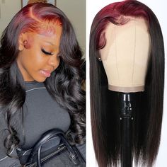 Tiktok Trend Hair-Skunk Stripe Hair 99J Root Human Hair Lace Front Wigs 150% Density Straight Lace Frontal Wigs Pre-Plucked With Baby Hair Colored Roots, Skunk Stripe Hair, Stripe Hair, Red Roots, Skunk Stripe, Cheap Human Hair Wigs, Cheap Human Hair, Honey Blonde Hair, Blonde Hair With Highlights