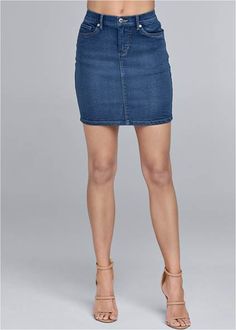 Front view Mini Jean Skirt Chic Denim Blue Mini Skirt With Pockets, Chic Medium Wash Mini Skirt With Pockets, Chic High Rise Stretch Mini Skirt, Chic Stretch High Rise Mini Skirt, Chic Stretch Mid-rise Mini Skirt, Stretch Mini Denim Skirt For Day Out, Stretch Denim Mini Skirt For Day Out, Chic Short Denim Blue Skirt, Chic Mid-rise Denim Skirt