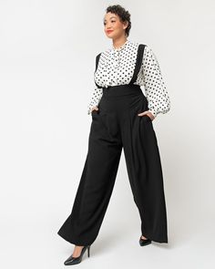 Show off your style with Unique Vintage's Rochelle Pants! These chic black wide-legs feature pleating, a high waist and adjustable suspenders - perfect for adding some drama to any look. Plus, they come in sizes XS-5X while supplies last, so you can get your hands on this fabulous piece today! This plus size pant is ready for anything, from casual outfits to going out ensembles Unique Vintage Unique Vintage Black Wide Leg Rochelle Suspender Pants | Black | Pants | Materials & Care Instructions: ['97% Polyester, 3% Spandex', 'Hand wash', 'Imported'] Vintage Brand Clothing, Ripped Jeggings, Uv Clothing, Vintage Plus Size, Suspender Pants, Plus Size Vintage, Black High Waist, Plus Size Pants, Professional Outfits