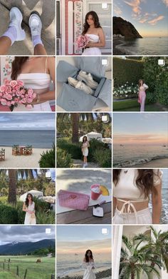 the collage shows many different pictures and people in white outfits, with pink flowers on them