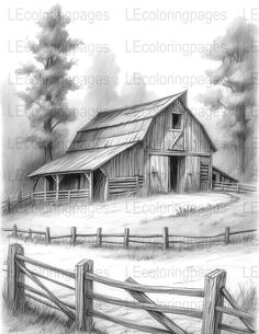 a drawing of a barn in the country