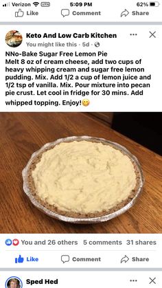 a pie sitting on top of a wooden table next to an instagramt message