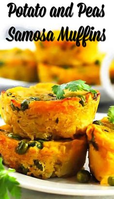 some food is stacked on top of each other with the words potato and pea's samosa muffins