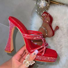 Red Rhinestoned Faux Suede Platform Heel. Double Strap Details. Mule Heel. Price Is Firm! Summer Embellished Red Heels, Red Embellished Heels For Summer, Red Rhinestone Party Heels, Red Rhinestone Heels For Party, Red Open Toe Heels With Rhinestones, Mule Heel, Cute Shoes Heels, Rhinestone Heels, Red Rhinestone