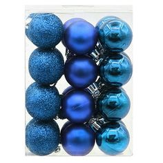 blue and silver christmas ornaments in a package