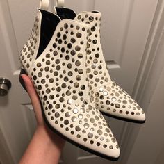 Never Worn, Super Cute White Flat Heels For Fall, White Closed Toe Booties For Party, White Round Toe Booties For Party, Spring Pointed Toe Studded Boots, White Round Toe Party Booties, White Leather Party Boots, White Ankle Boots For Parties, High Heel Studded Spring Boots, Studded High Heel Boots For Spring