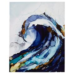 an abstract painting with blue, yellow and white colors